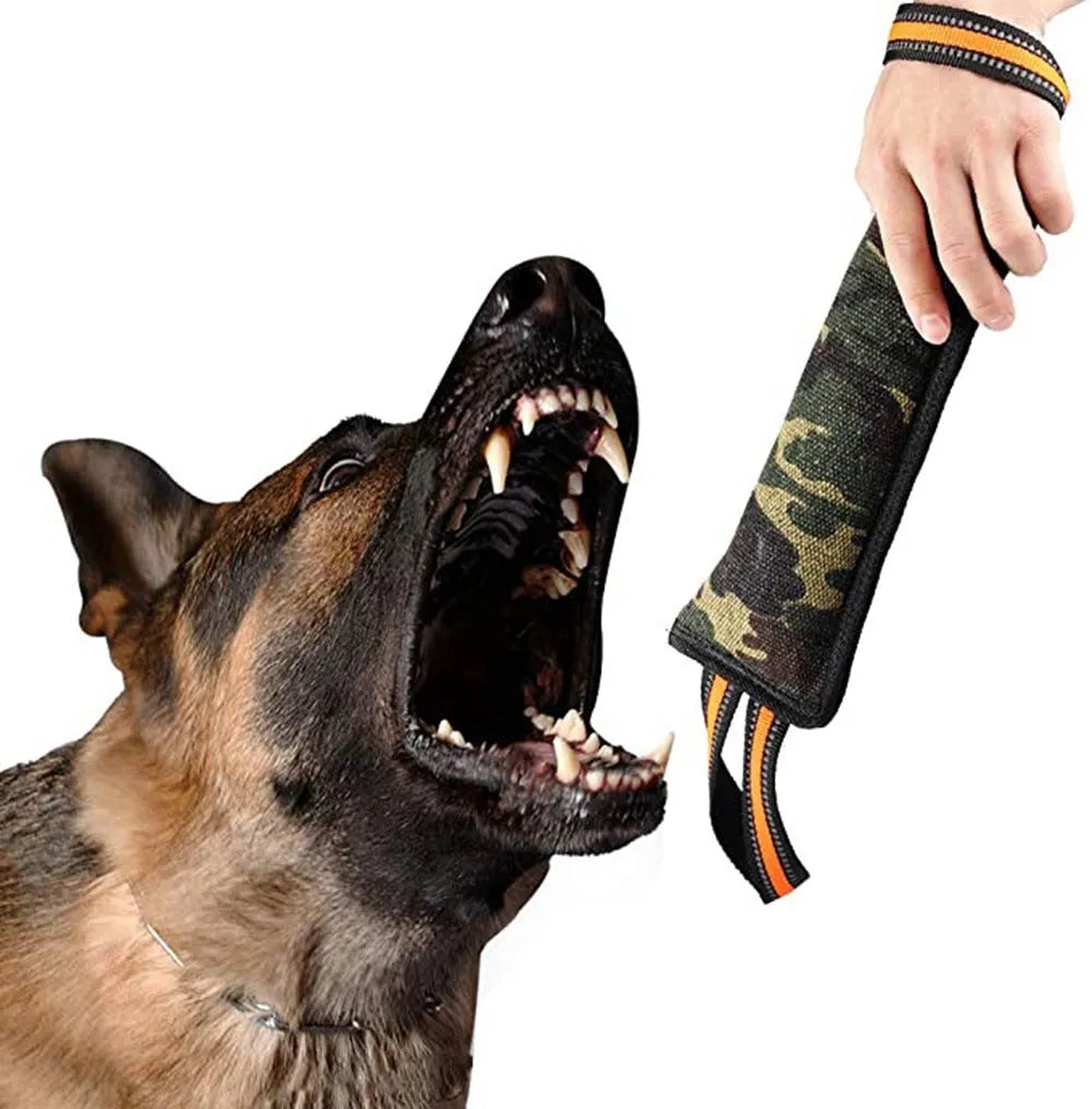 Yellow-edged jute dog training bite stick showing reflective stitching and 55cm length