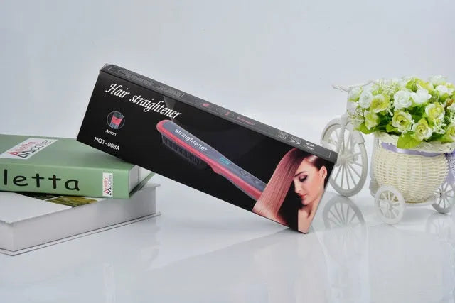 Straight hair comb with ceramic heated brush and ion technology in black and red