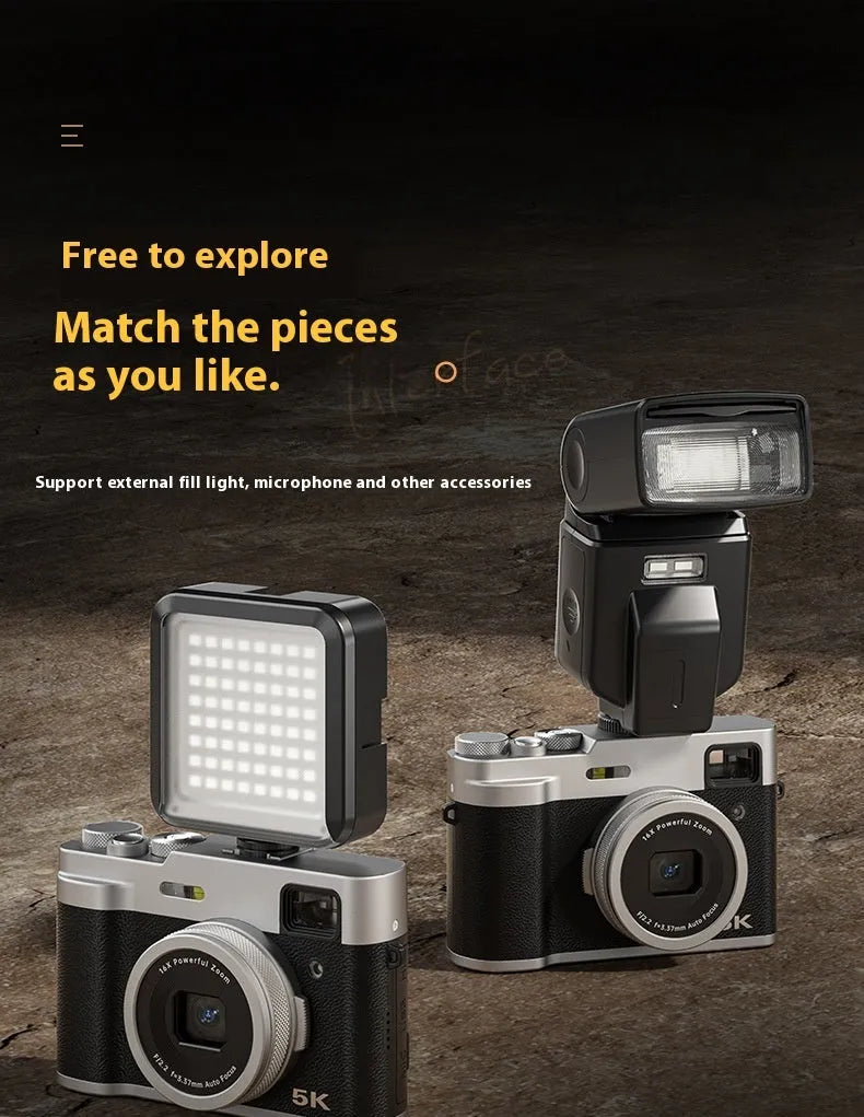 5K HD digital camera with dual front and rear cameras, 2.88-inch display, in black or brown colour