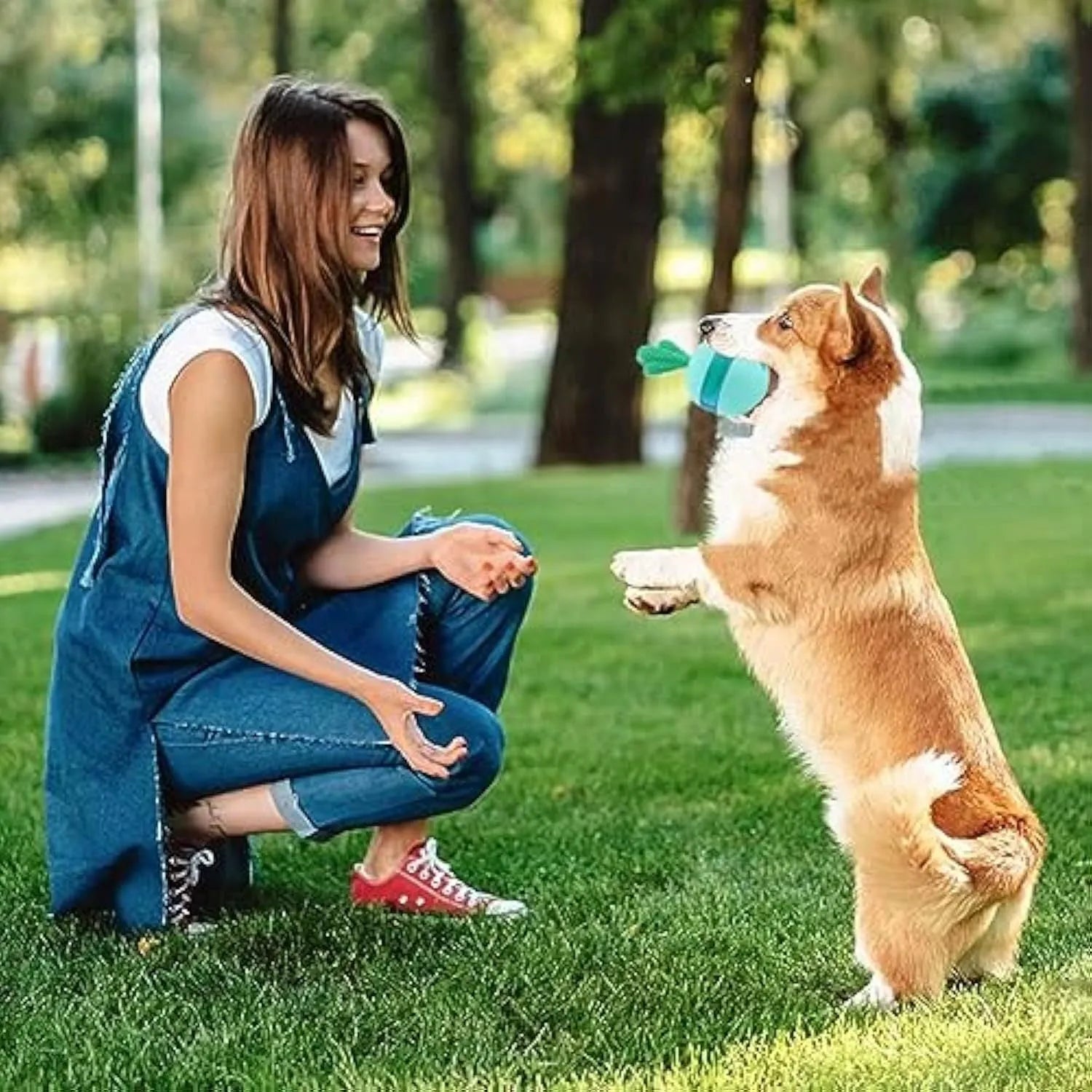 Blue and green durable rubber interactive dog treat dispensing ball toy for medium large dogs