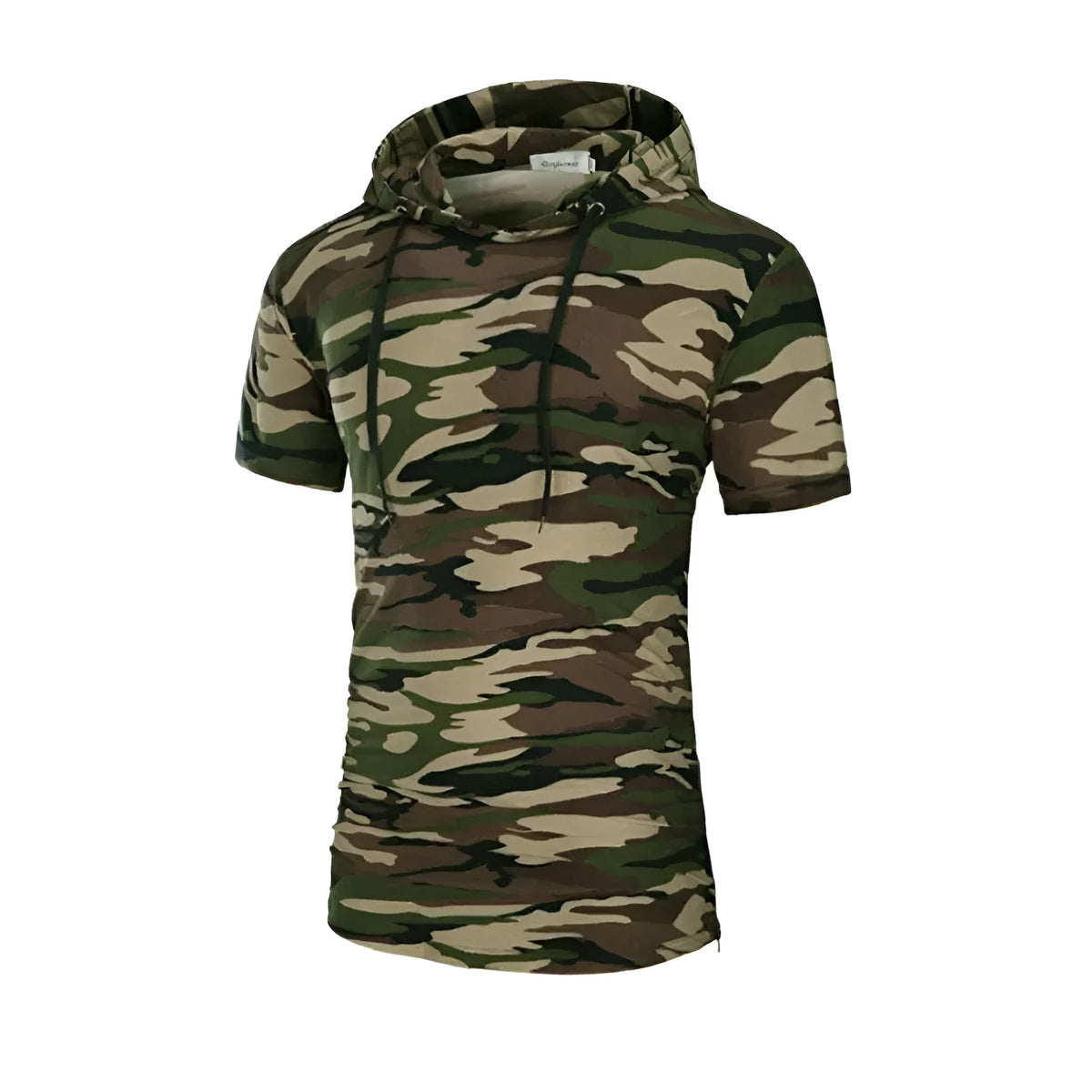 Men's hooded short sleeve T-shirt in Army green, cotton blend, casual fit, sizes M to 3XL