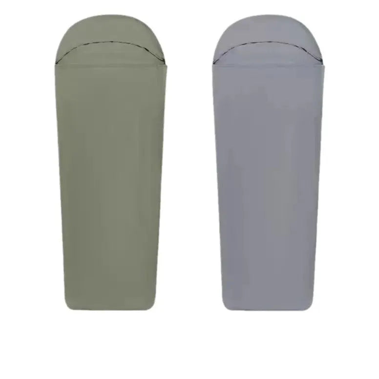 Blue mummy-style camping sleeping bag made from matte nylon fabric, shown rolled and unrolled.