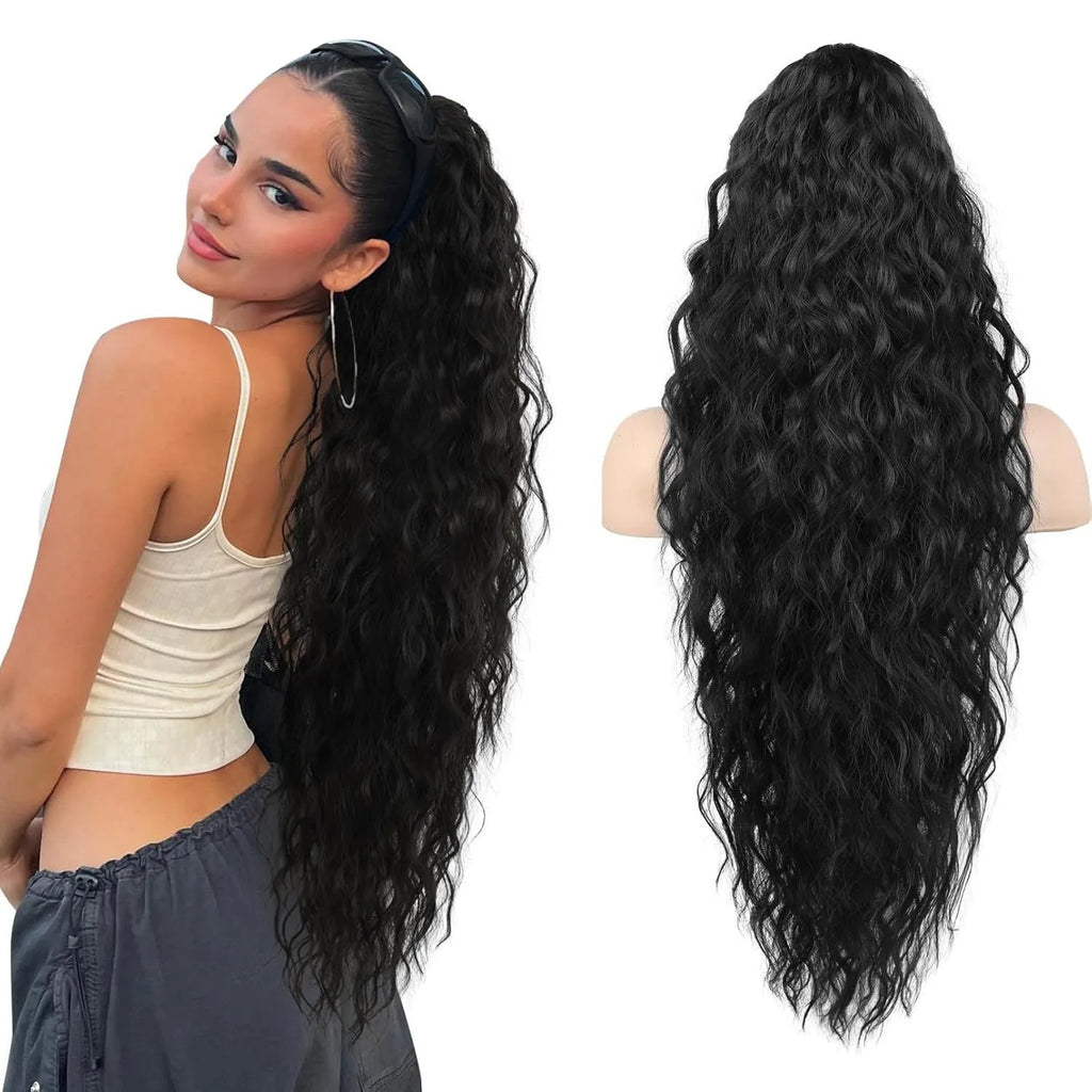 Long curly synthetic ponytail wig in various colours, showing 30-inch length and fluffy texture.