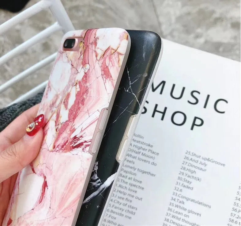 Silicone marble and camouflage phone case for iPhone 6 to XS Max in white crack, black crack, white marble, red, and nude