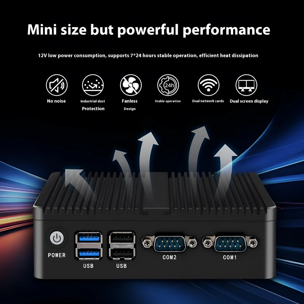 Industrial fanless microcomputer with dual network ports and compact aluminium chassis
