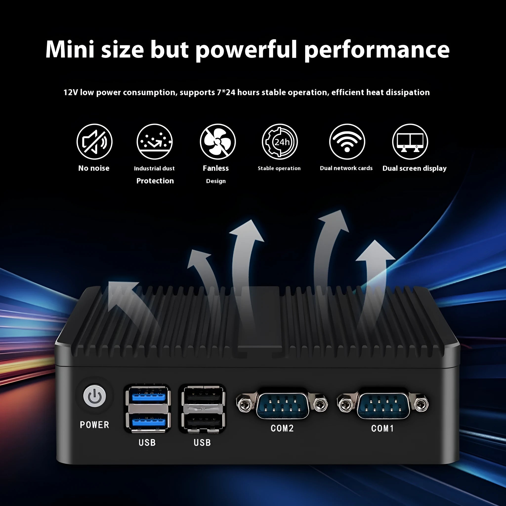 Industrial fanless microcomputer with dual network ports and compact aluminium chassis