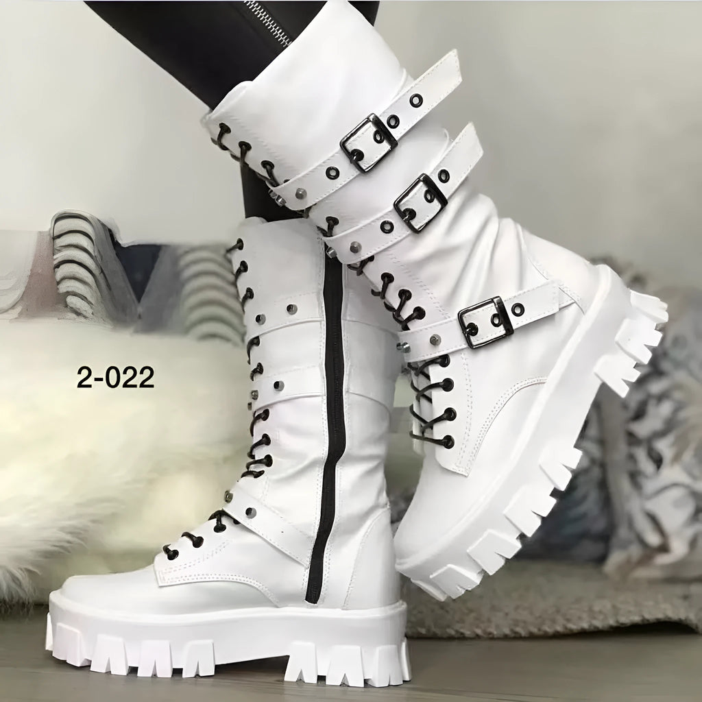 Black women's mid-calf knight boots with a metal buckle and side zip on a white background.