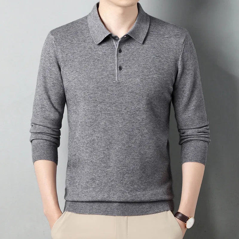 Men's winter wool lapel long sleeve sweater in camel colour, thick knit, simple style, front view