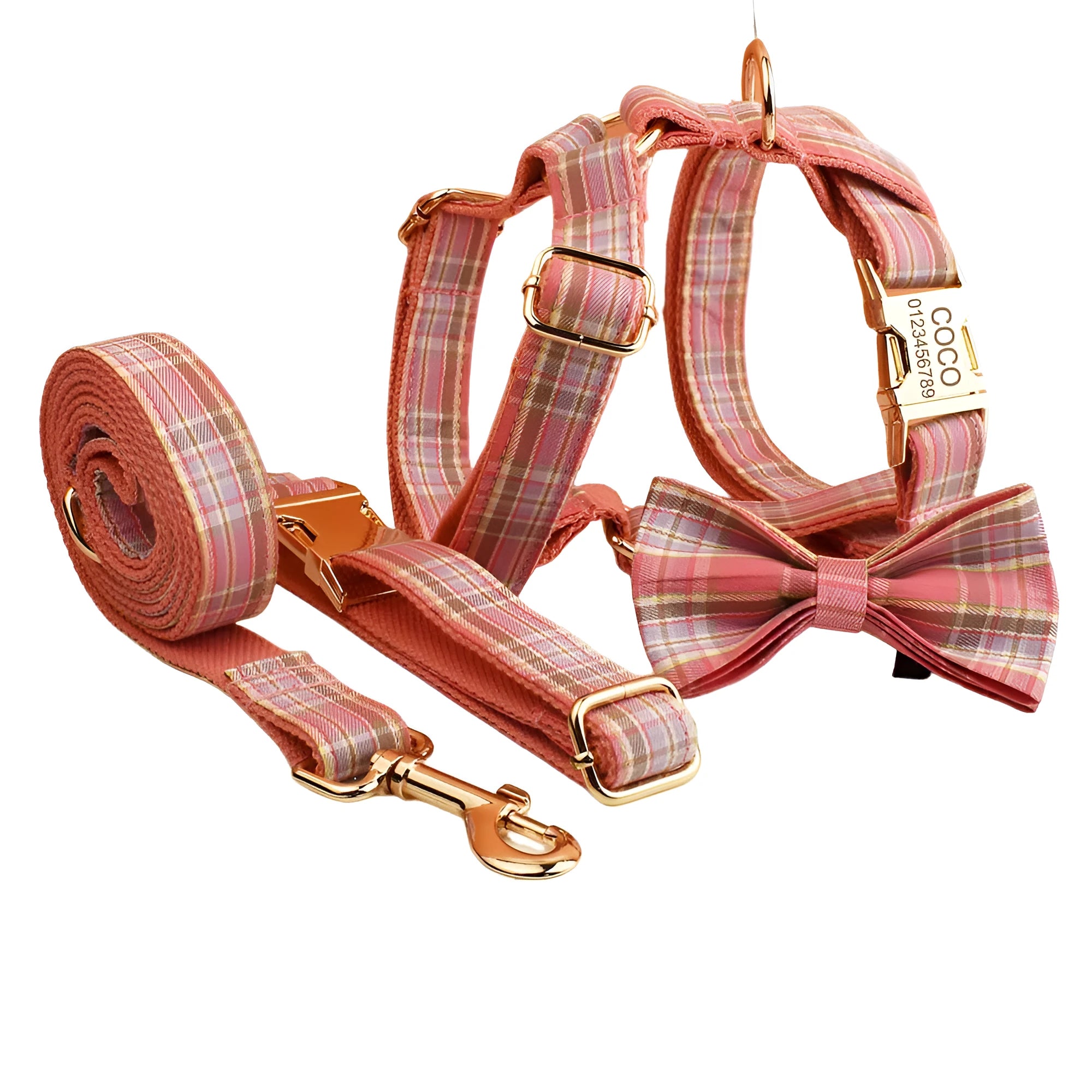 Plaid cloth dog collar and leash set with matching vest and decorative bow.