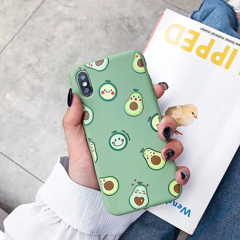 Green silicone TPU phone case with a colourful cartoon avocado design on the back, for Apple iPhone.