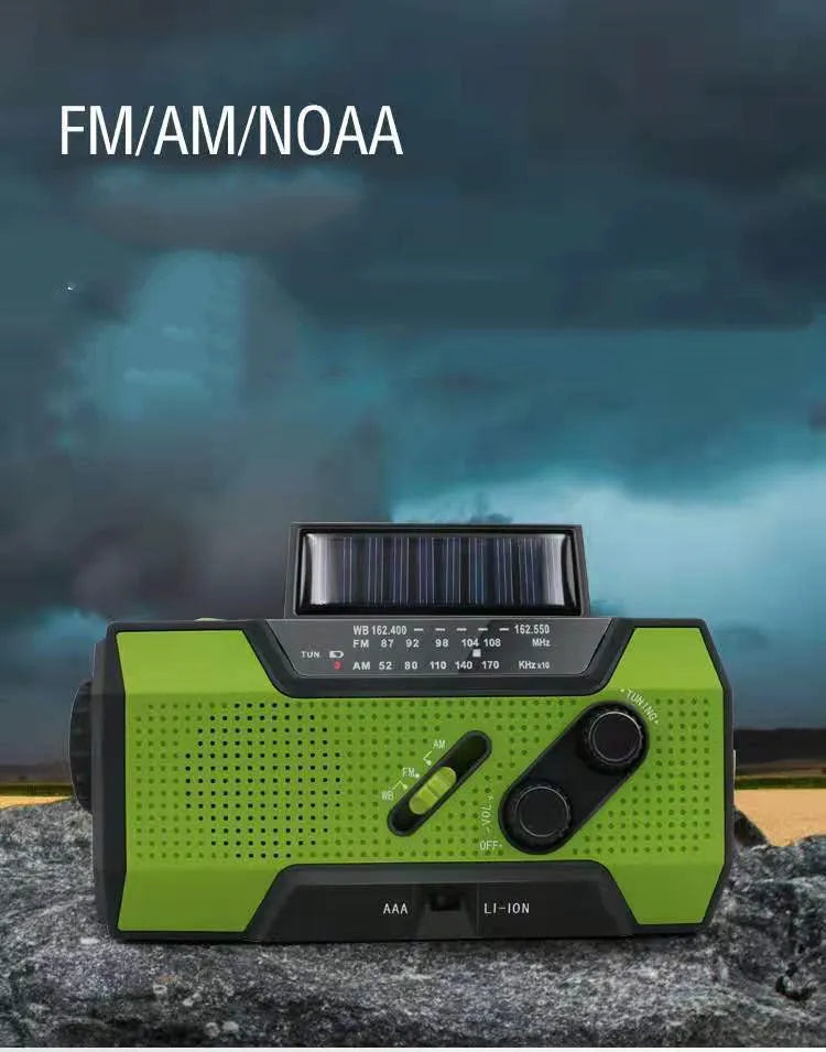 Pocket solar radio in engineering plastic, waterproof, solar charging, available in green, red, white, and yellow.