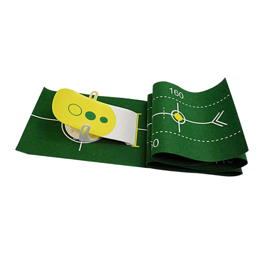 Precision putter exerciser with green non-woven push rod blanket 230cm length and simulator on wooden floor