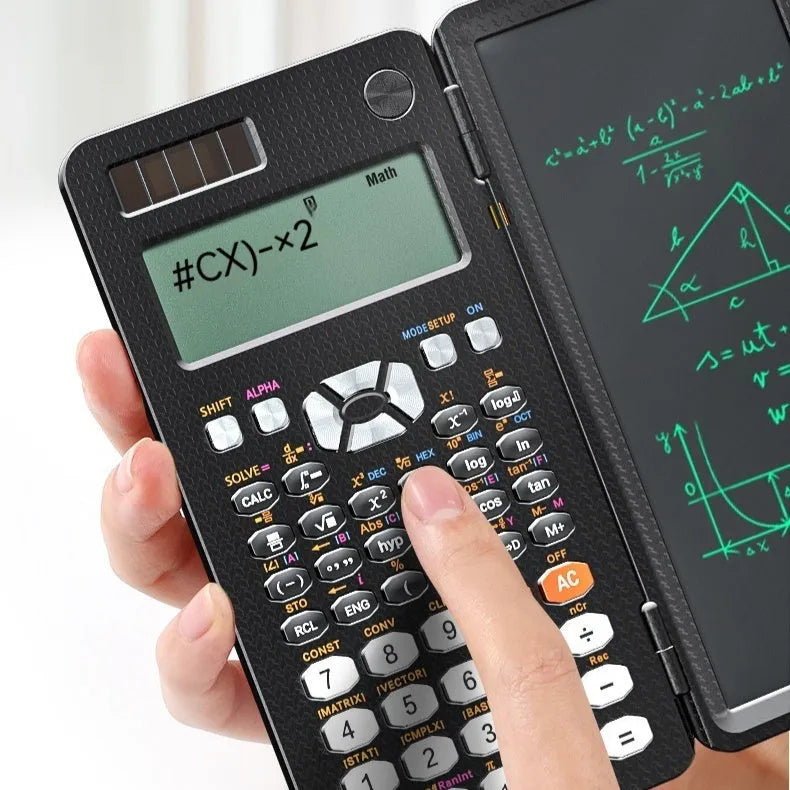 Black 2 in 1 foldable scientific calculator with handwriting LCD notepad on a desk