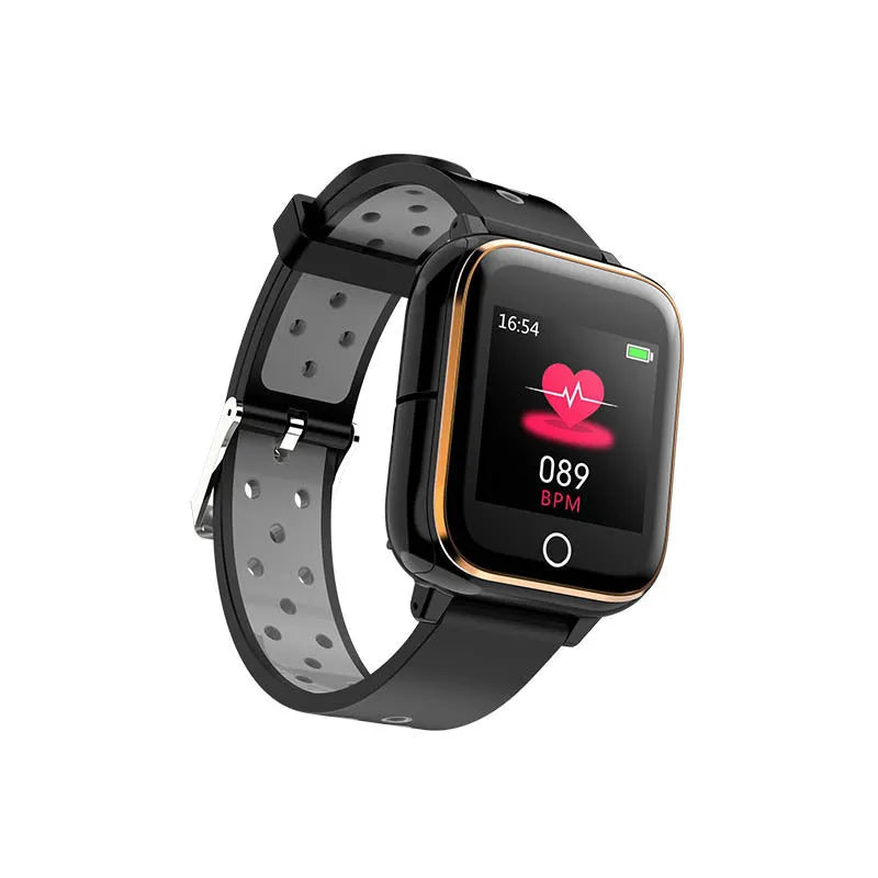 Black smartwatch with integrated Bluetooth earbuds showing 1.4-inch touchscreen display