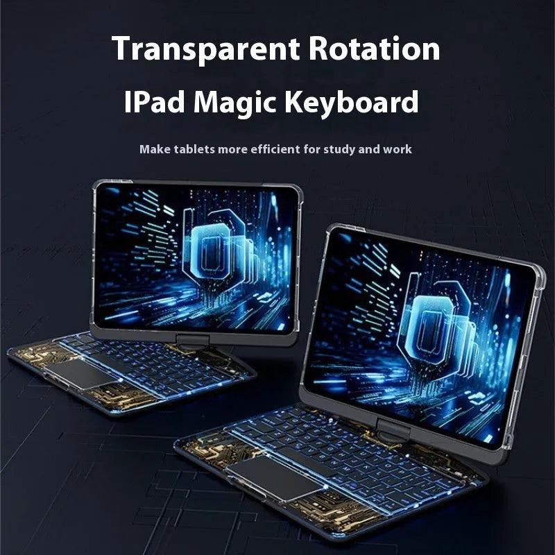 Transparent rotating keyboard case for Apple iPad Air 5 tablet showing adjustable hinge and wireless keyboard