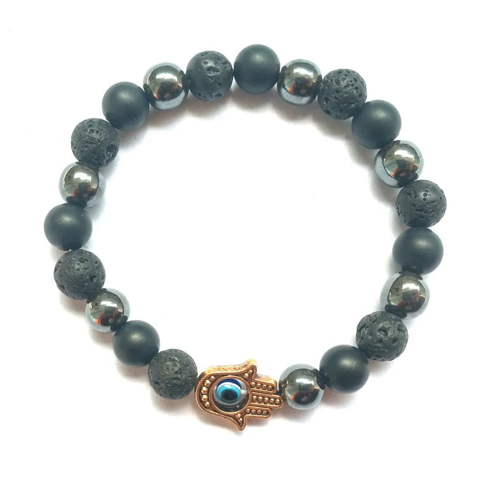 Handmade beaded bracelet with 8mm stone and alloy beads, 18cm-19cm circumference, in silver, blue, white, black, gold or sliver