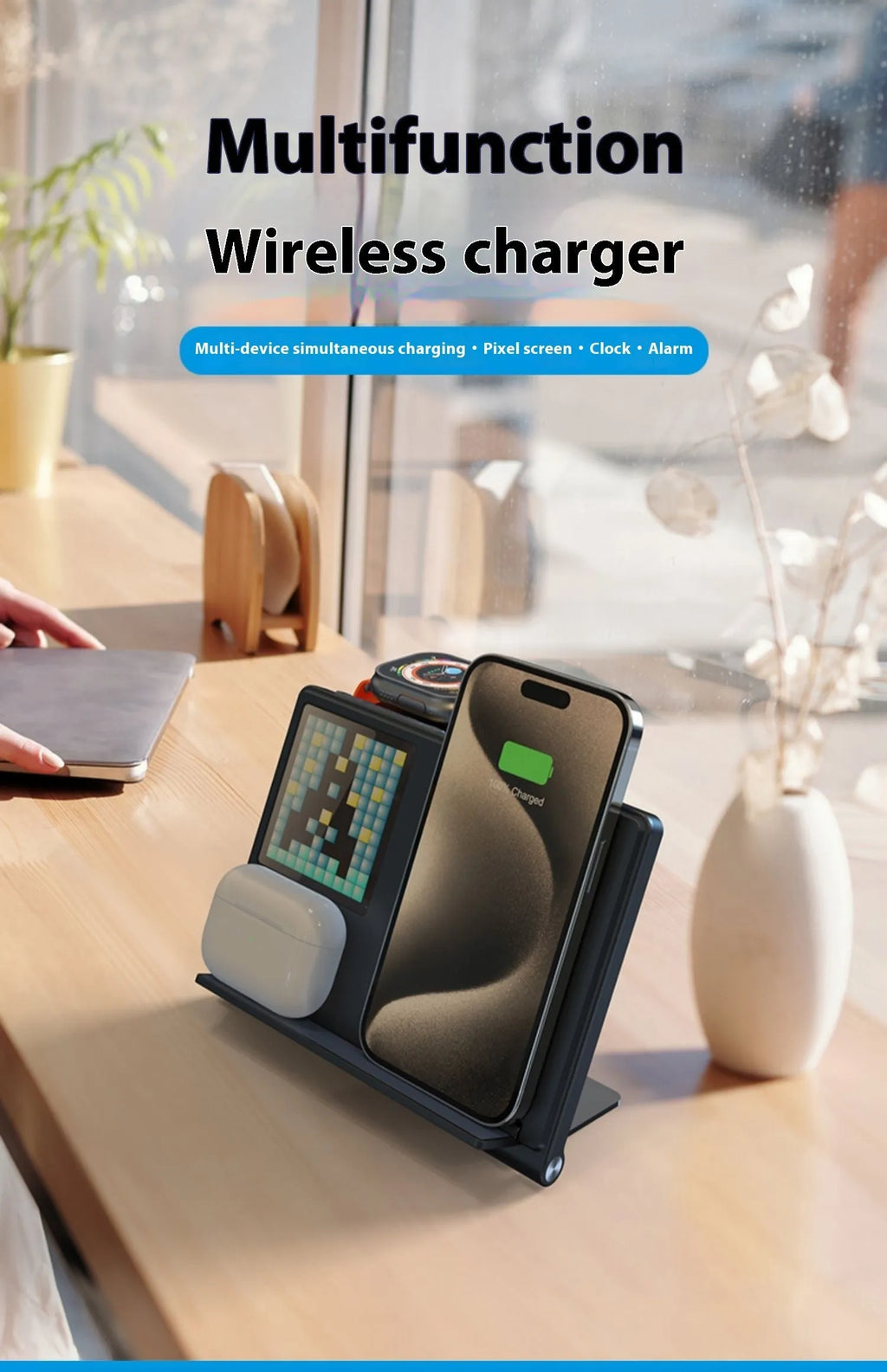 Folding five-in-one wireless charger in black with digital clock display showing time and charging pads.