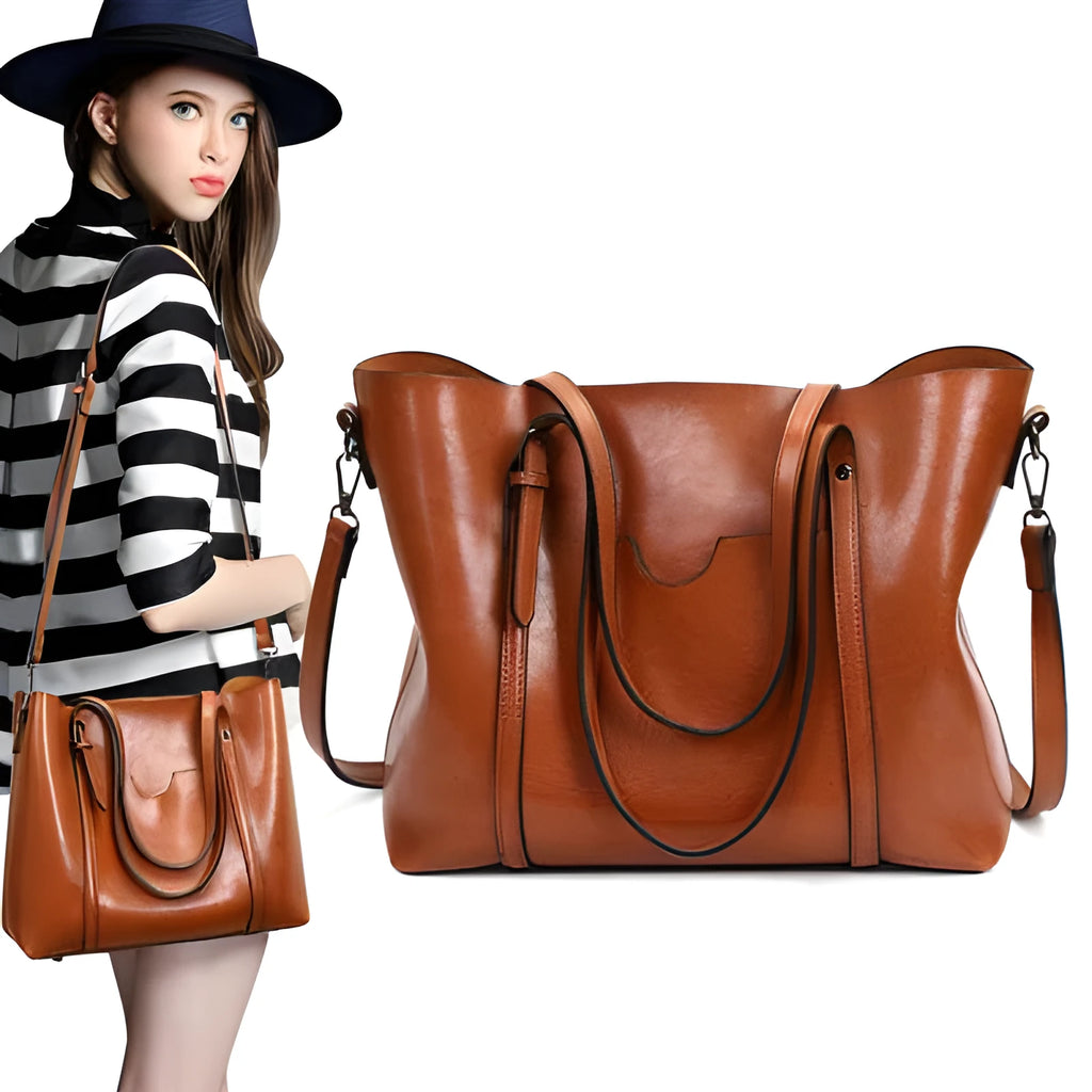 Brown retro-style women's messenger bag with top handle and shoulder strap, shown next to an A4 magazine for scale.