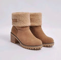 Women's suede mid-tube snow boots in multiple colours with a round toe and low thick heel.
