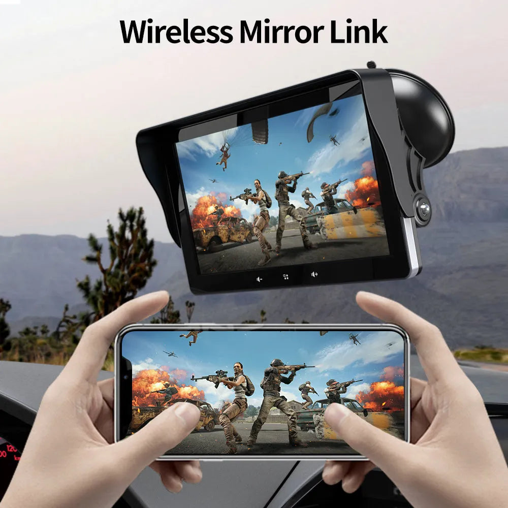 A 7-inch universal wireless CarPlay display with suction cup mount on a car dashboard.