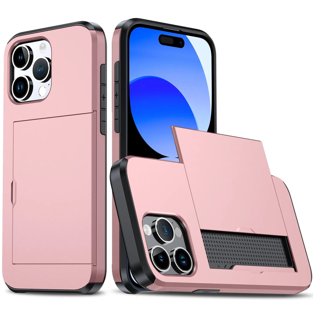 iPhone 15 Pro Max phone case with slide card slot, frosted TPU PC anti-fall cover in black