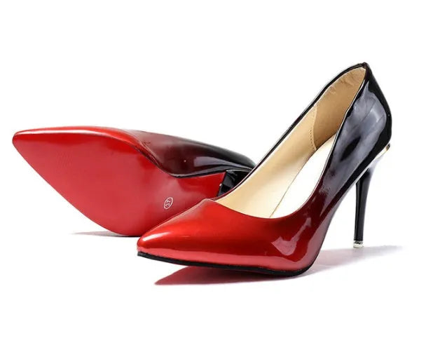 Gradient high heels with pointed toe, leather stitching, rubber sole and leather lining, in grey or red
