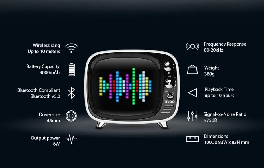 Compact rectangular Bluetooth speaker alarm clock with LED digital display showing time, in various colours.