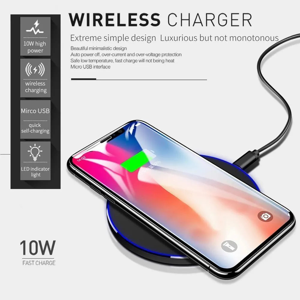 Black square wireless charging pad on desk with smartphone charging wirelessly