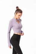 Long sleeve skinny nylon yoga t-shirt for women in Blue Grey colour, front view