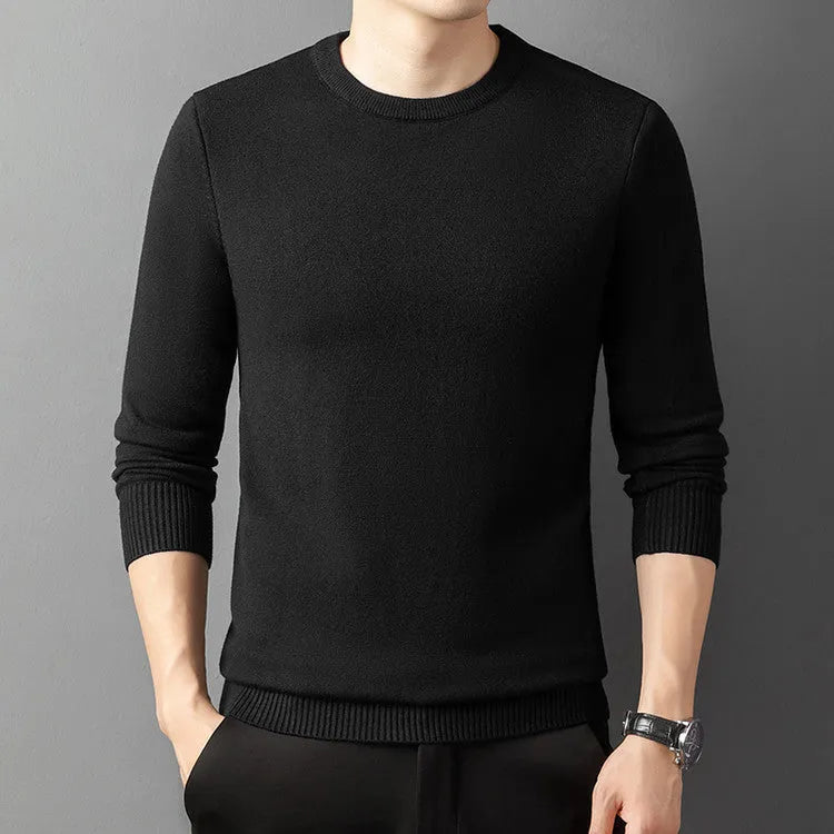 Core-spun yarn round neck semi-high collar knitted pullover sweater for men in khaki color