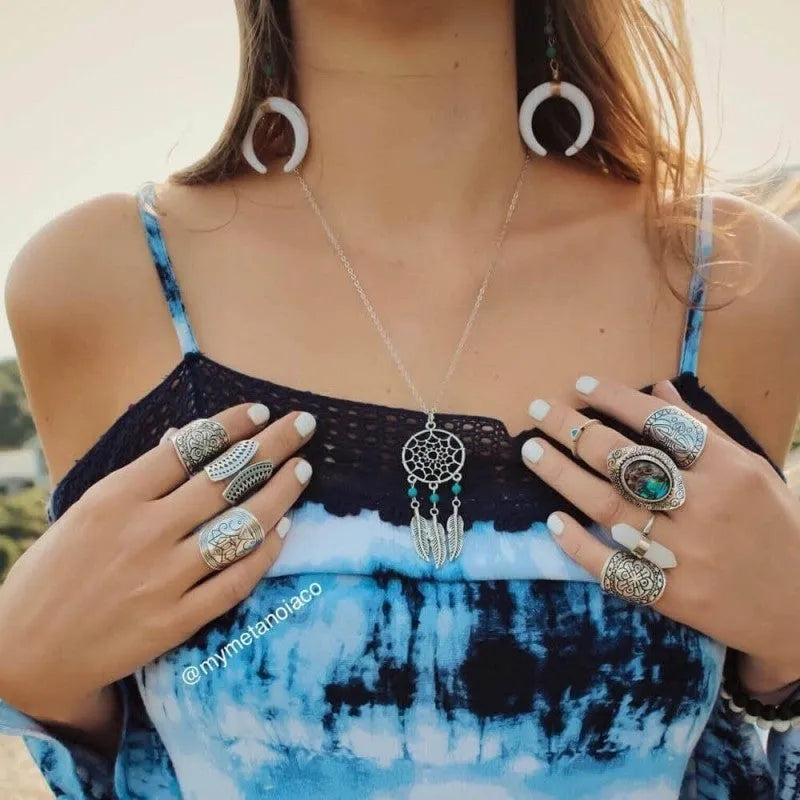 Silver-tone dream catcher feather pendant necklace with woven hoop, turquoise bead, and 46cm chain