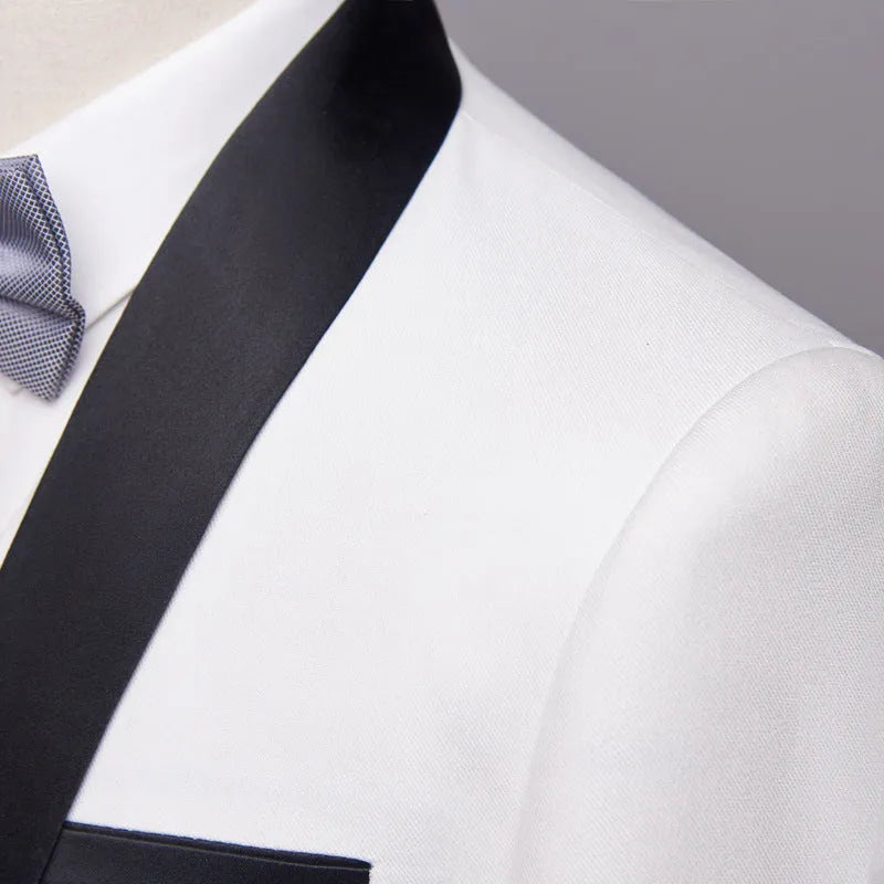 Men's three-piece polyester suit set in white, including jacket, trousers, and vest, on a hanger.