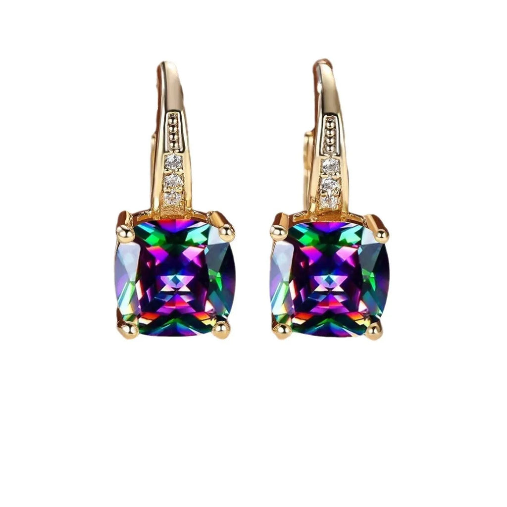 Square geometric ear clip earrings with colourful moissanite stone in gold and silver electroplated finishes