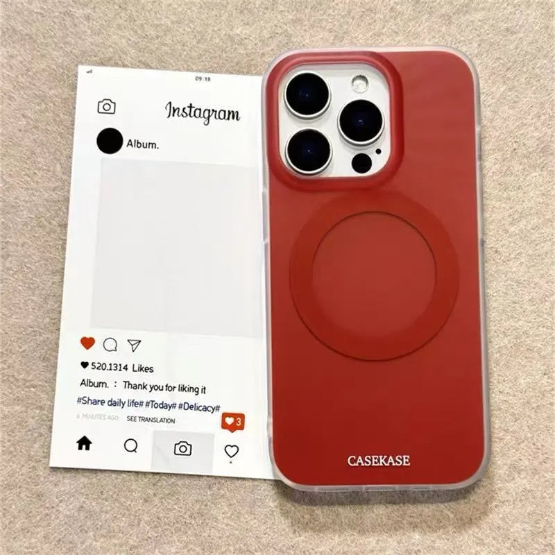Silicone iPhone case with strawberry magnetic bracket, frosted matte finish, red colour.