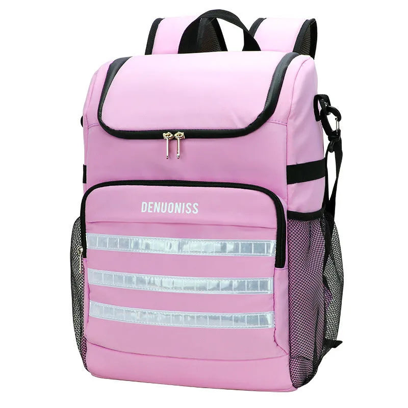 20 litre cloth backpack with bottle opener on shoulder strap in black, blue, pink, or red