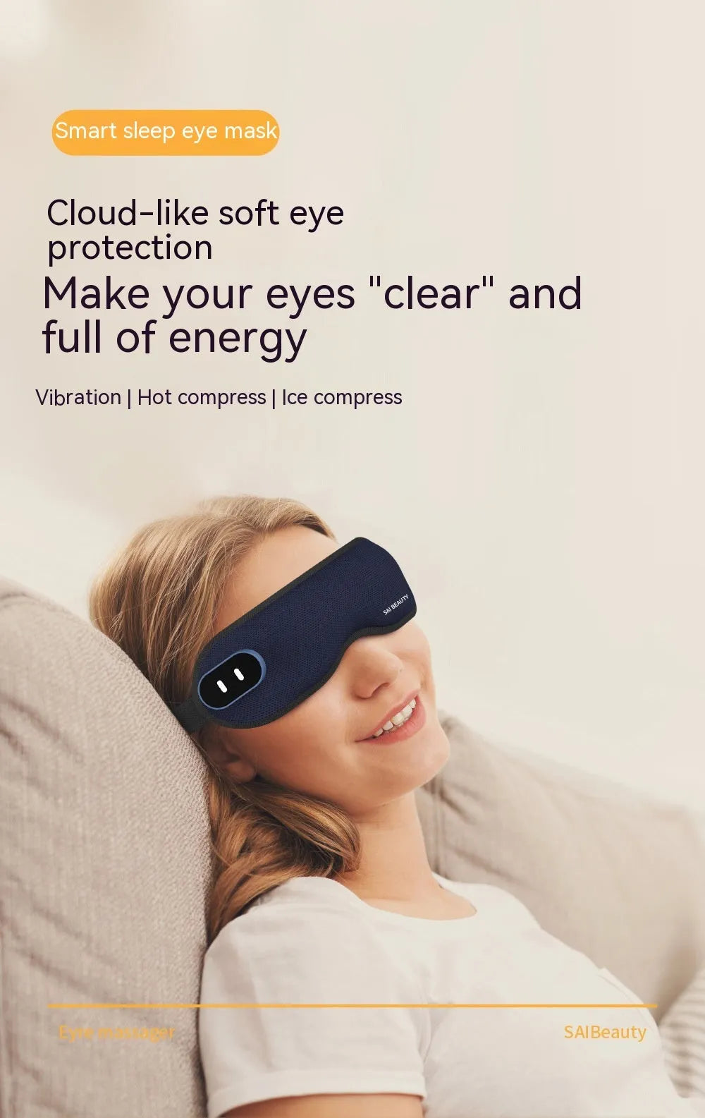 Lycra fabric sleep eye mask with steam and massage functions, shown with USB cable