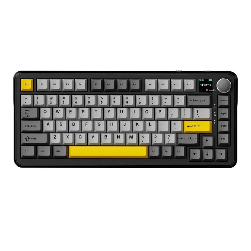Three-mode wireless mechanical keyboard with PBT plastic construction in black, grey and yellow options