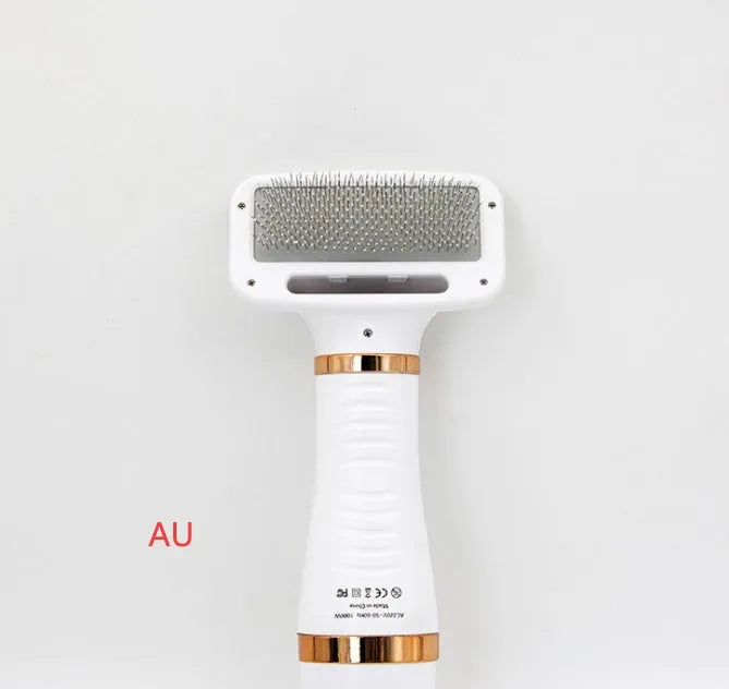 2-in-1 gold pet drying brush with comb, 304 stainless steel needles, rotating head, and UK plug