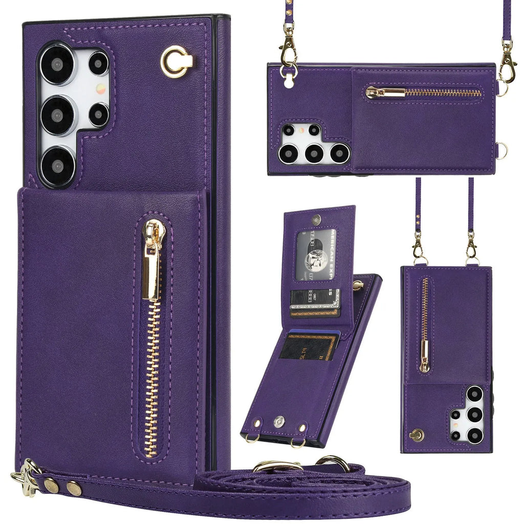 Black leather crossbody phone case with card slots showing Samsung Galaxy phone compatibility
