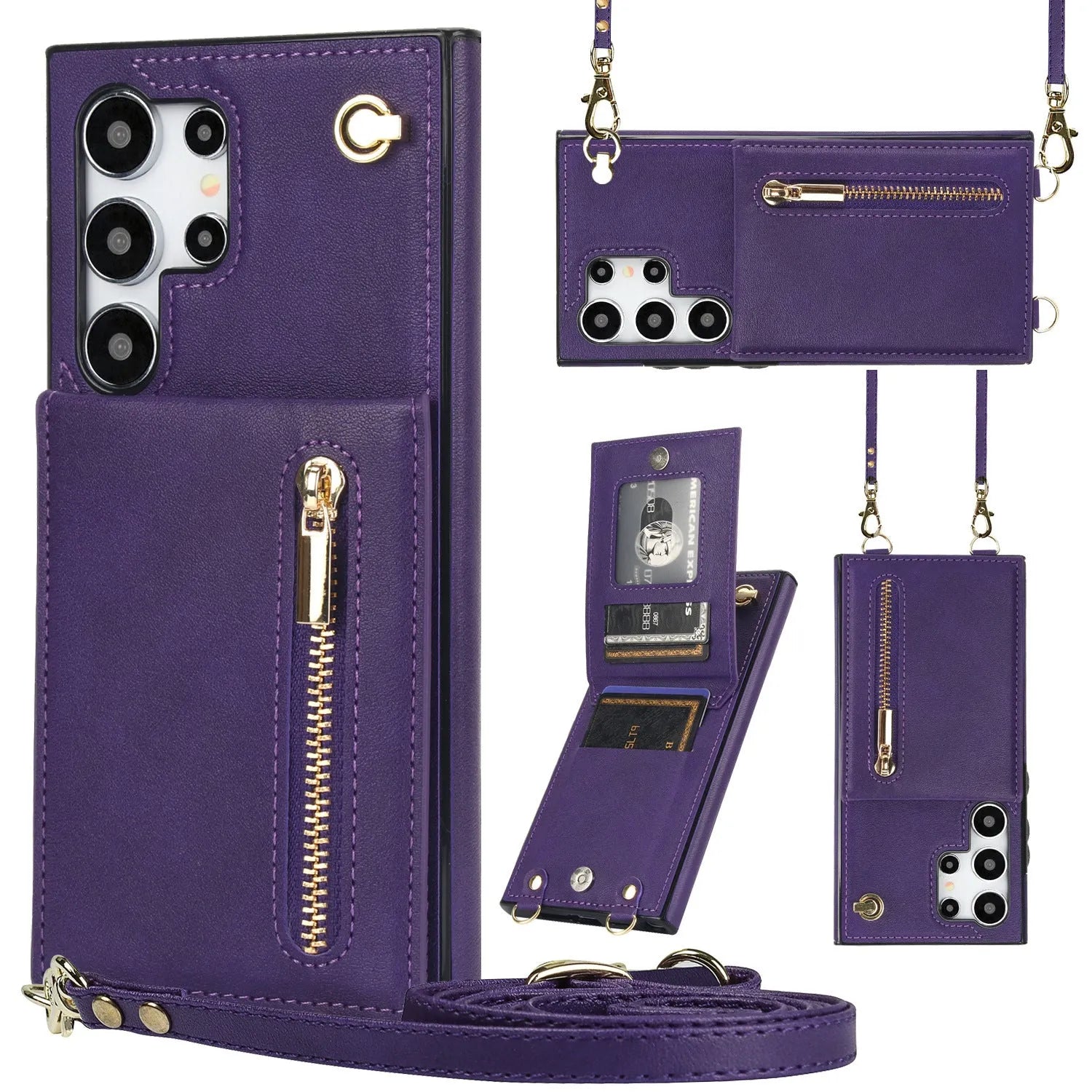 Black leather crossbody phone case with card slots showing Samsung Galaxy phone compatibility