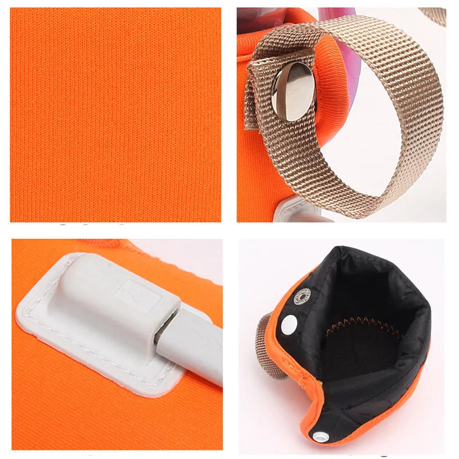 USB heated baby bottle warmer sleeve in blue, wrapped around a milk bottle showing its cotton and PC construction.