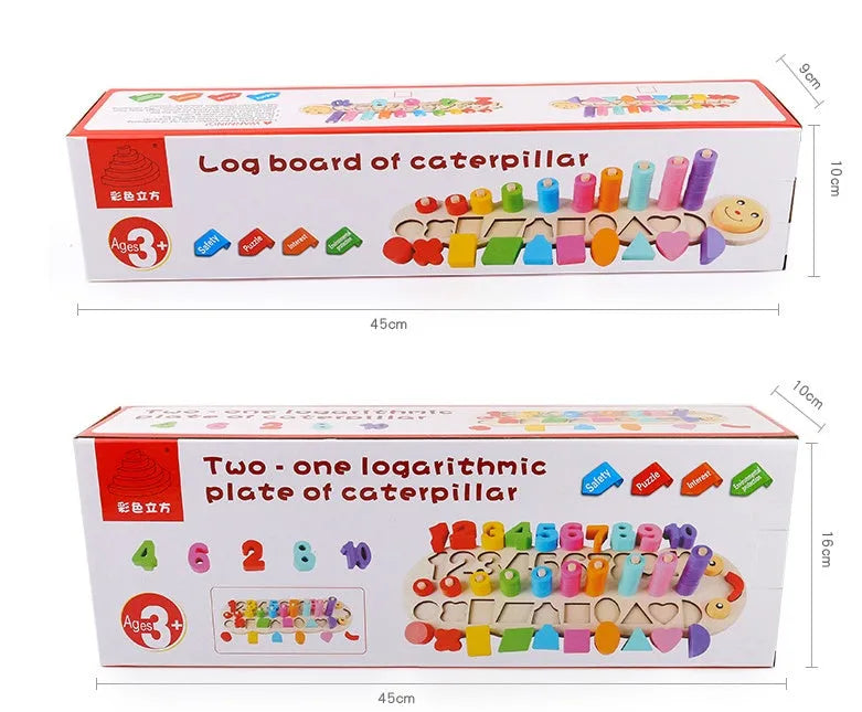 Wooden logarithmic board with colourful numbers, geometric shapes and counting beads for toddlers