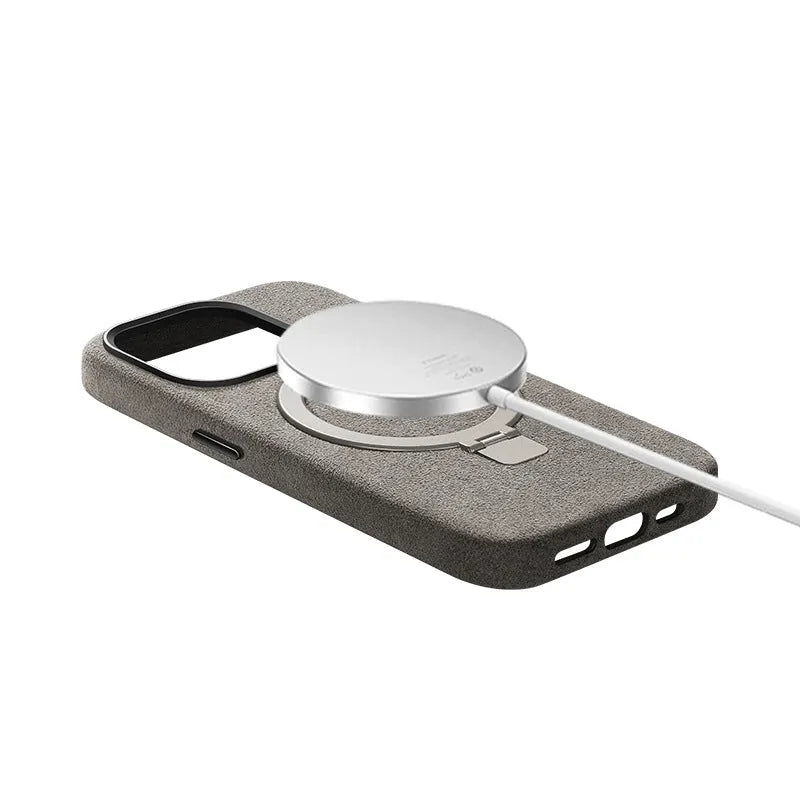 Creative all-match suede bracket phone case for iPhone 15 Pro and 15 Pro Max in dark gray with magnetic absorption and shockproof build