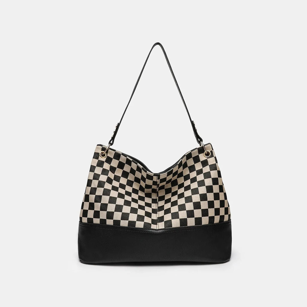 One-shoulder canvas PU stitching crossbody bag in black with horizontal square shape and open outer pocket