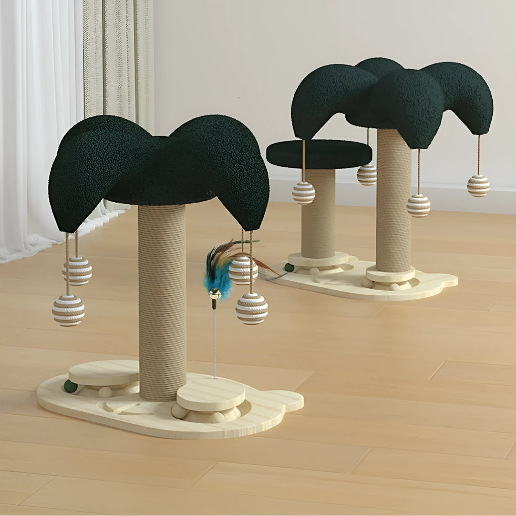 Solid wood cat scratching post with rotating turntable and natural hemp rope climbing frame