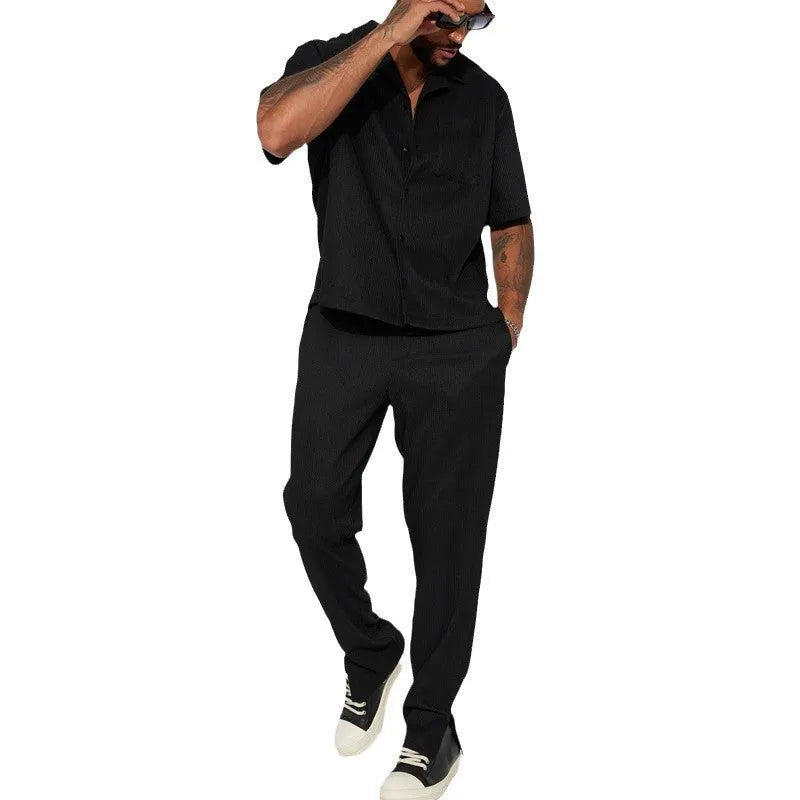 Men's loose lapel short-sleeved polyester suit set with matching trousers in black, brown, white, red