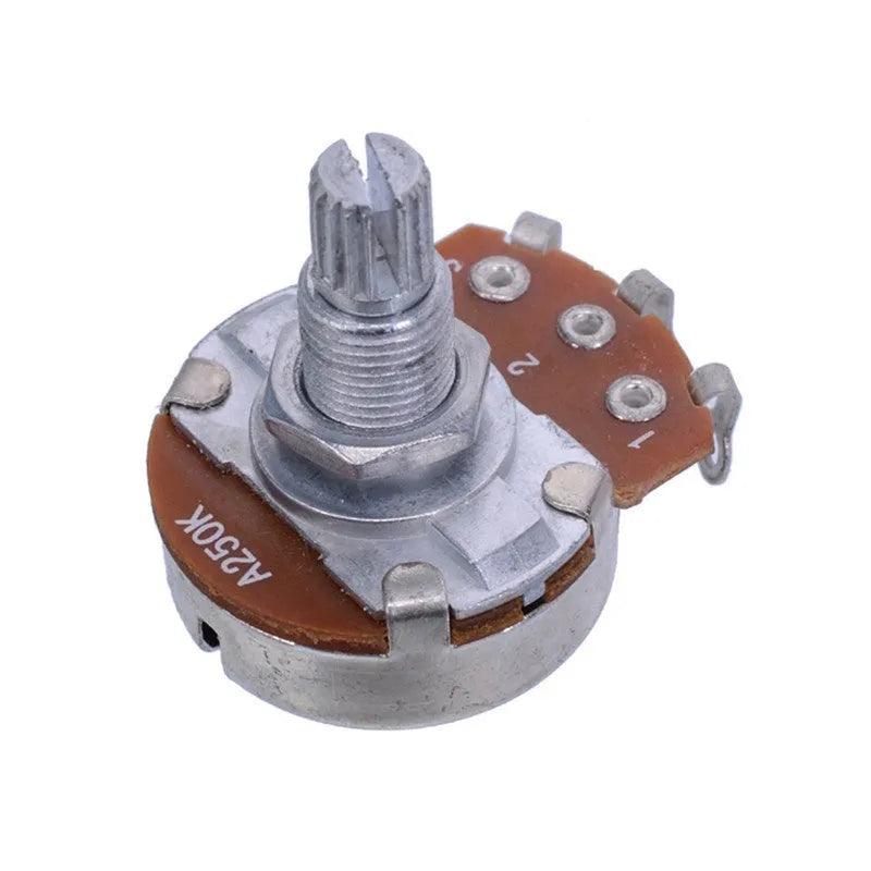 A single silver metal potentiometer knob for an electric guitar's tone or volume control.