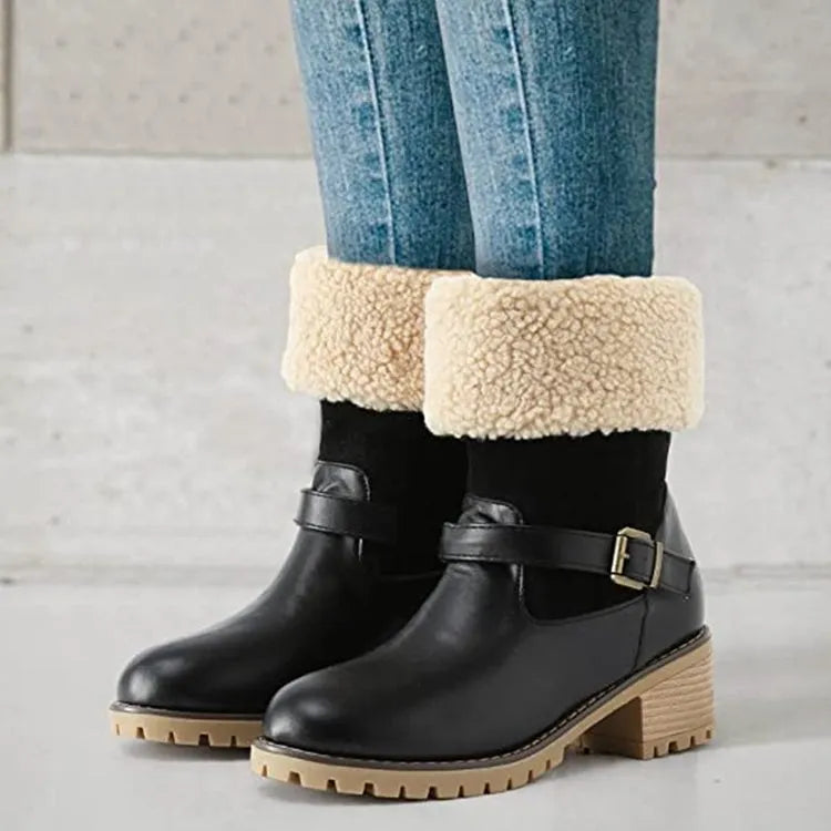 Women's fashion boots with buckle chunky heel round toe faux fur lined Western style in black coffee and light brown