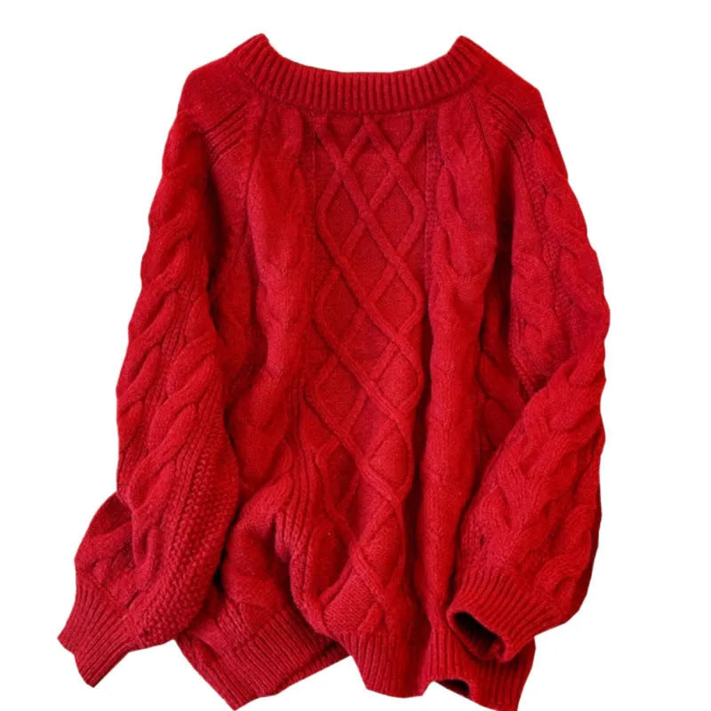 Japanese loose casual women's knitted sweater in red or beige, sizes S to XXL