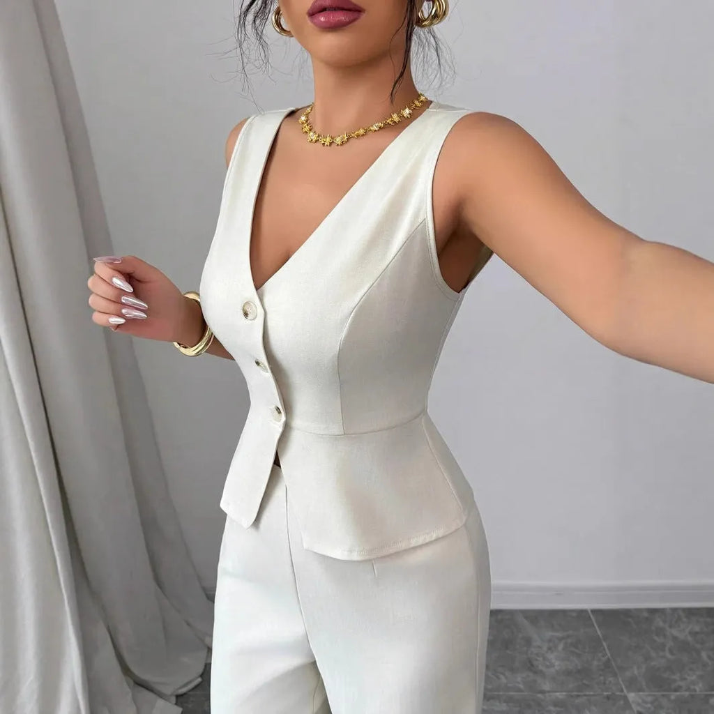 Solid colour sleeveless vest and high-waist trousers two-piece set in polyester fabric